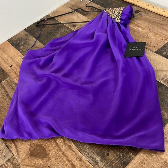 NEW Robert Rodriguez 6 Purple Sexy 100% Silk Blouse Gold‎ Sequin One Shoulder - Picture 1 of 13